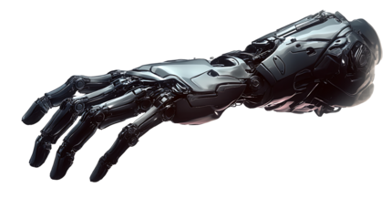 Futuristic robotic hand design isolated on transparent background showcasing advanced artificial limb technology and innovative engineering