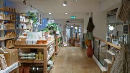 Defocused indoor shop display with blurred decor featuring shelves and products in a cozy setting with wooden flooring and soft lighting.
