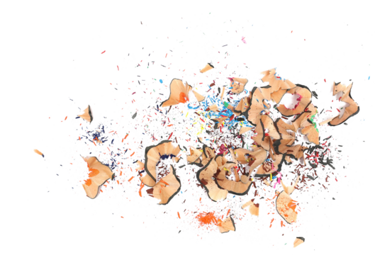 pencil tip shavings from sharpener isolated on white background and texture, top view 