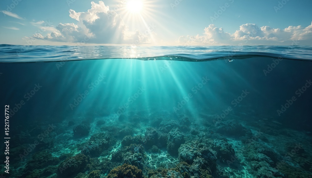 Poster half underwater view of ocean with sunbeams penetrating blue waters. below surface sea bottom with c