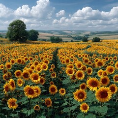 Naklejka premium Yellow sunflower bloom spread across fertile field high resolution picture
