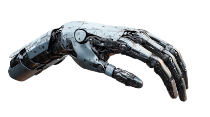 Futuristic cybernetic bionic arm design with intricate mechanical details on transparent backdrop perfect for innovation and robotics themes