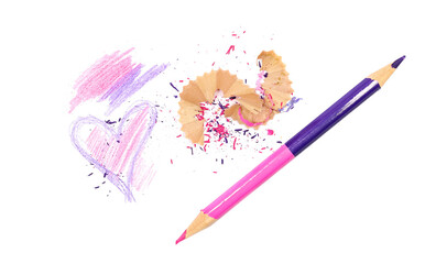 wooden crayons and scribbling colorful heart isolated on white, top view	