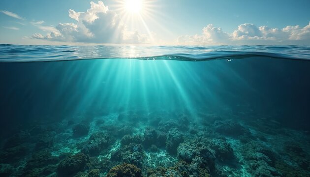Half underwater view of ocean with sunbeams penetrating blue waters. Below surface sea bottom with coral reefs, sunlight glimmers. Above horizon with clouds, sky reflects aquatic world. Natural - Powered by Adobe