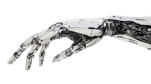 Detailed advanced bionic arm showcasing futuristic technology and cybernetic enhancements isolated on a transparent backdrop for tech visuals