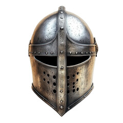 Historical knight helmet displayed on a neutral background