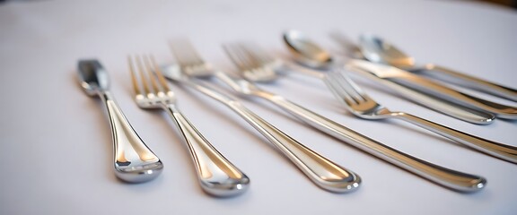 group of silverware sitting on top of a white table