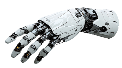 Advanced mechanical robotic hand shown on transparent background representing futuristic technology and artificial intelligence development