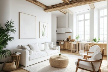 Fototapeta premium Bright minimalist living room with wooden beams