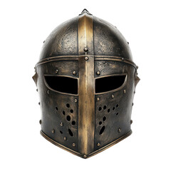 Historical medieval knight helmet displayed on a white background