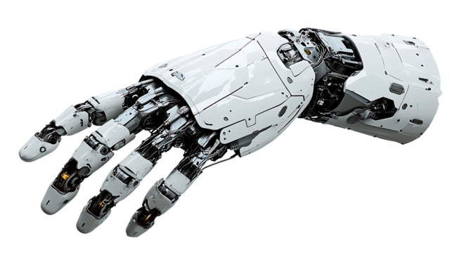 Advanced mechanical robotic hand shown on transparent background representing futuristic technology and artificial intelligence development