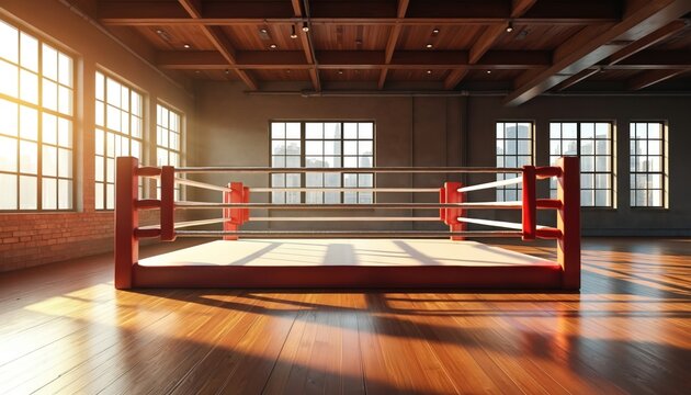 Empty boxing ring in modern gym, polished wood floors, soft ambient light. Clean white ropes, red corners frame scene. Big windows, urban view. Boxing match sport concept. - Powered by Adobe