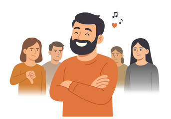 Happy man surrounded by toxic people flat vector illustration