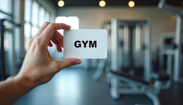 Hand holds gym access card with GYM inscription. Membership pass offers entry to modern fitness facility. Sports center entrance with text. Health club card for training.