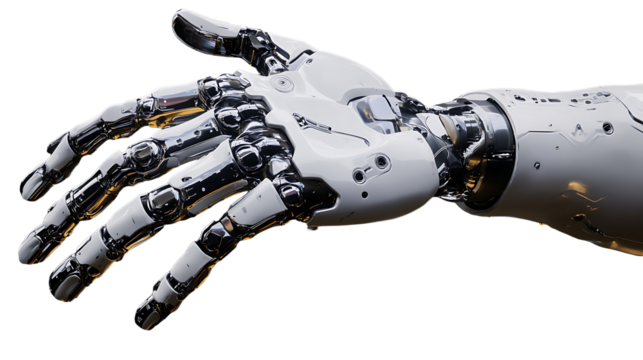 Sleek mechanical robotic hand detailed close-up on transparent background ideal for advanced robotics, automation, and sci-fi visuals