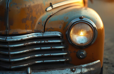Vintage car headlight close-up. Orange, rusty, metal texture, chrome grill. Antique automobile with bright light in front. Retro transportation, vehicle design. Nostalgic look, faded paint details.