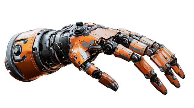 Close-up view of a futuristic robotic hand on transparent background ideal for illustrating AI, automation, and cutting-edge technology themes