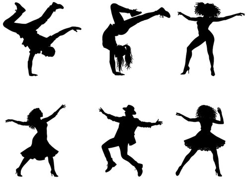 Silhouette set of dancers dancing in different styles, isolated