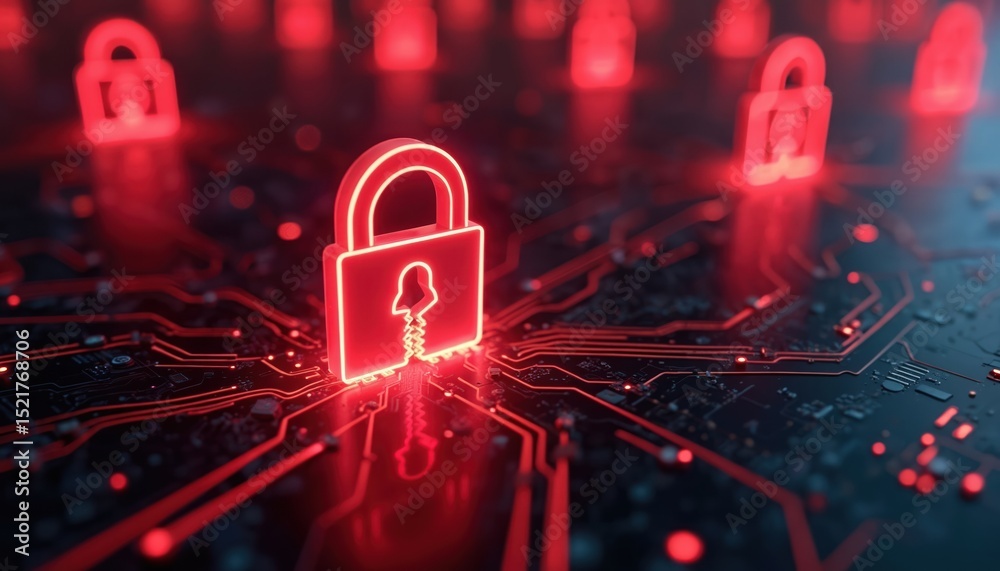Aufkleber red alert about internet security breach. broken padlock symbol over a circuit board warns of data l