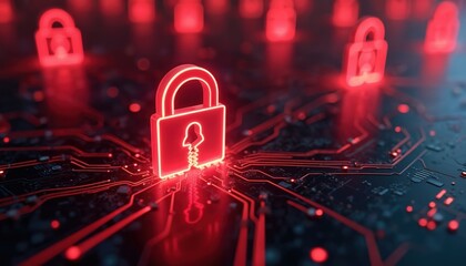 Red alert about internet security breach. Broken padlock symbol over a circuit board warns of data loss, phishing. System failure, cyber attack, digital security, risk, protection, online fraud.
