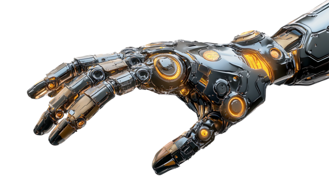 High-tech futuristic robotic hand with metallic textures isolated on transparent background ideal for science fiction and tech presentation visuals - Powered by Adobe