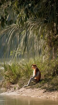 An orange monkey with a long nose sits near a riverbank in the jungle in its natural habitat under a canopy of palm fronds.