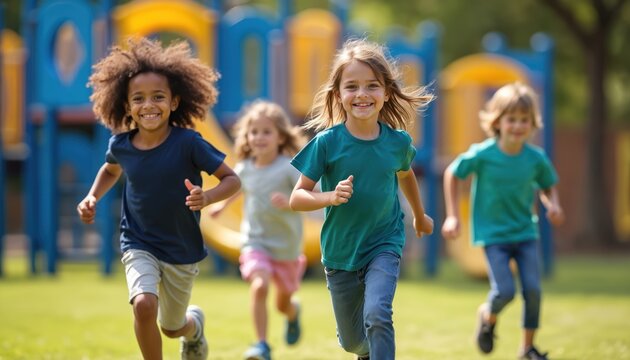 Elementary school kids run play playground. Cheerful children joyfully run towards camera smiling. Active kids play, fun outdoors. Friends running on green grass during sunny day. Childhood,