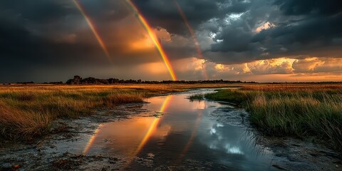 Majestic double rainbow over tranquil wetlands at sunset with dramatic clouds and golden reflections