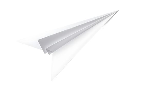 Clean white paper airplane illustration on transparent background perfect for themes of creativity, innovation, and fresh starts
