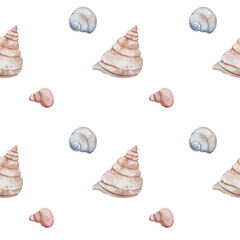 Seashells. Watercolor seamless pattern. Isolated on a white background. Perfect for beach themed decor, coastal decor, wedding invitations, packaging.