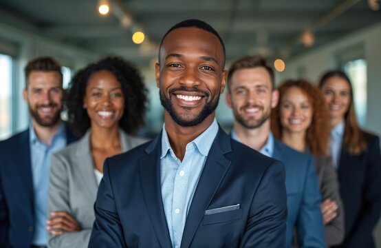 Successful diverse business team portrait. African American businessman leader smiles with colleagues. Corporate people group together. Teamwork, partnership, confident, pro.