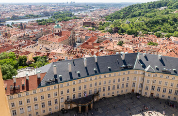 View of the Royal Court Vltava and Old Town from bell tower of St Vitus Cathedral in Prague in Czech Republic