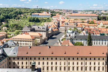 View of Royal Court and Old Town from the bell tower of St Vitus Cathedral in Prague in Czech Republic
