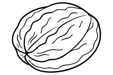 Simple Black and White Illustration of a Whole Walnut with Shell