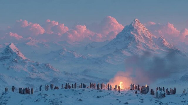 Winter Solstice Celebration in a Snowy Mountain Landscape with People and Bonfire
