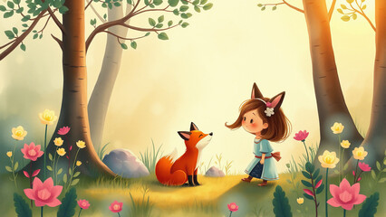 Springtime Scene with Girl and Fox Under Trees – Bright Children’s Book Illustration