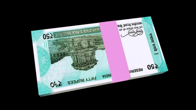 Indian currency 50 rupees banknotes stacks animation