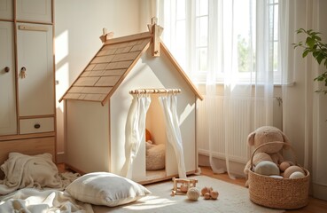 Cozy nursery interior with wooden toy house. Neutral colors, bright daylight through window. Children room with wooden toys. Scandinavian style decor. Blankets, pillows, basket with toys create
