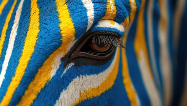 Close-up artistic portrait zebra with blue and yellow stripes. Colorful eye, detail. Unique wildlife animal in fantasy, creative style. Exotic fur skin texture. Abstract vibrant design.