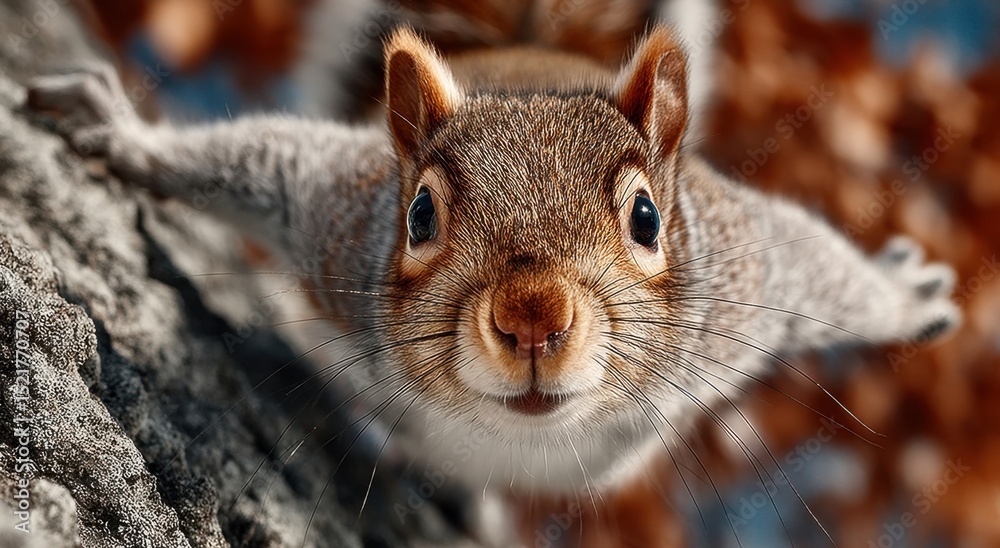 Poster close-up of squirrel face on tree branch, symbolizing wildlife conservation and environmental awaren