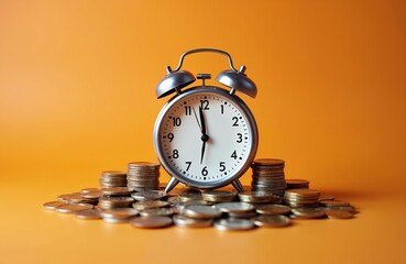 Silver alarm clock on pile of coins, orange background. Concept time is money. Time management deadline urgency savings finance business investment profit success.