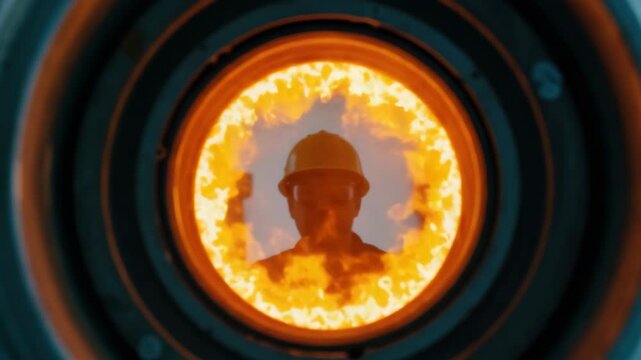 Steelworker reflection in fiery furnace. Industrial worker safety and heat resistant gear.  Steel production process image for manufacturing company website or safety training materials.