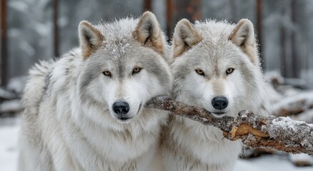 Obraz premium Two White Wolves Sharing a Branch in Winter Snow, Symbolizing Partnership and Wildlife Conservation, Ideal for Nature Bloggers and Environmental Campaigns : Generative AI