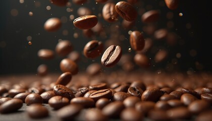 Obraz premium Macro photo of roasted coffee beans. Scattered seeds with dark brown tone, caffeine aroma. Espresso, mocha, cappuccino ingredients. Food, drink photo for cafe menu, product presentation. Background