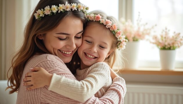 Mother and daughter embrace, hug each other with love. Smiling faces, spring flowers wreath on heads, happy family time. Young woman, girl. Togetherness, joy, maternal care, childhood.
