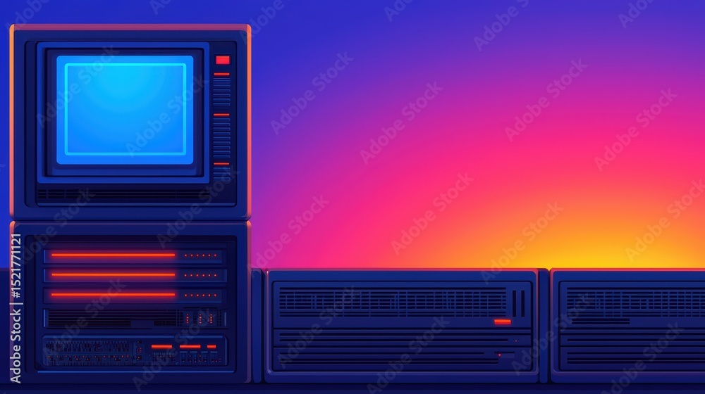 Poster retro computer setup with vibrant gradient background and nostalgic electronic design elements