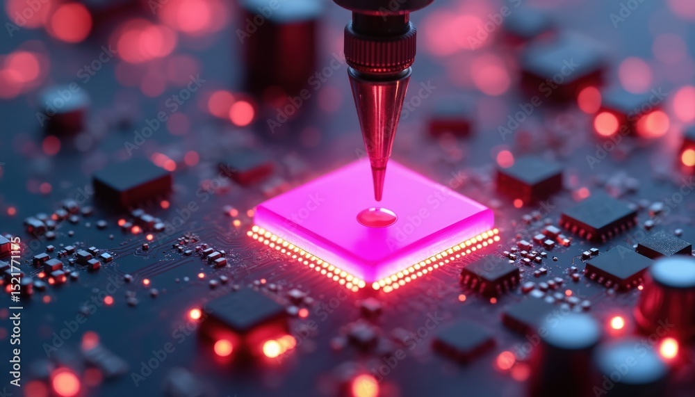 Fototapete Extreme macro shot microchip circuit with pink liquid application. Electronic components, tech processing. Computer hardware, semiconductors, integrated circuit board. Digital innovation.