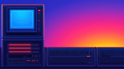 Fototapeta premium Retro Computer Setup with Vibrant Gradient Background and Nostalgic Electronic Design Elements