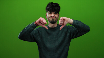 Fototapeta premium Man expressing dislike with thumb down gesture against green wall in isolated setting, portraying disapproval vividly.