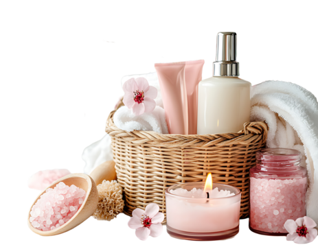 Natural spa essentials in a wicker basket displayed on transparent background ideal for beauty branding, aromatherapy, and calm lifestyle visuals
